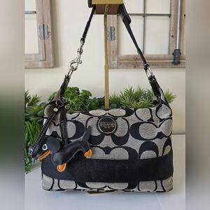 Coach Y2K Signature Stripe Hobo Bag Black Gray Jacquard Canvas Leather Trim